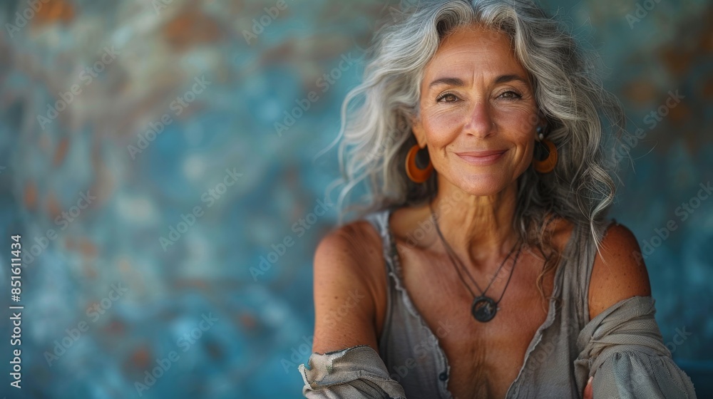 Naklejka premium A cheerful mature woman with long gray hair and colorful backdrop poses with confidence