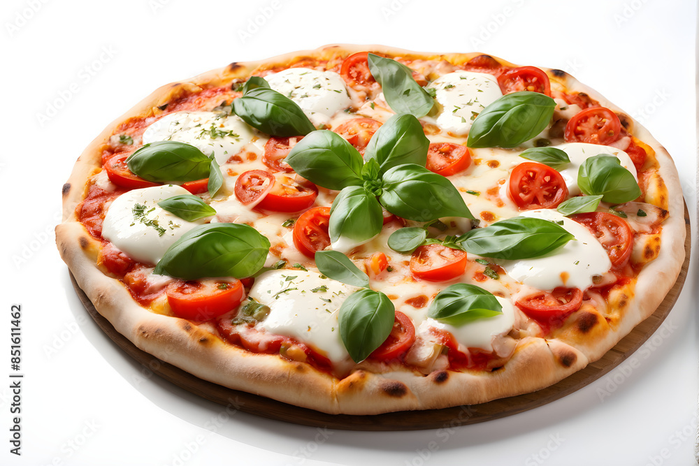 Italian pizza with melted mozzarella cheese green olives and tomato garnished with fresh vegetables and basil leaves.isolated on white background Italian pizza with melted mozzarella cheese green olives and tomato garnished with fresh vegetables and basil leaves.isolated on white background