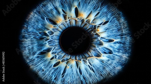 High-magnification close-up of a human eye's iris, showcasing intricate patterns and colors on a pure black background, highlighting its mesmerizing texture and detail.