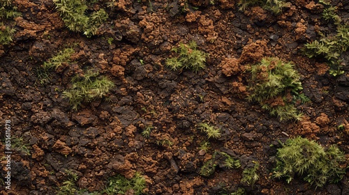 Richly textured peat soil with subtle moss growth and natural earthy tones creating a serene and mystical atmosphere, ideal for environmental and nature-focused designs.