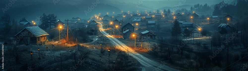 Abandoned village with solarpowered street lamps, aerial view, blending mystery and sustainability, advanced tone, Tetradic color scheme Abandoned village with solarpowered street lamps, aerial view, blending mystery and sustainability, advanced tone, Tetradic color scheme