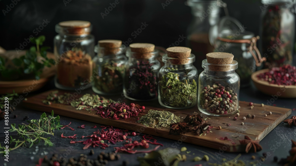 An assortment of spices in glass jars on a wooden board, exuding rich colors and aromatic diversity, capturing the essence of a rustic kitchen setup.