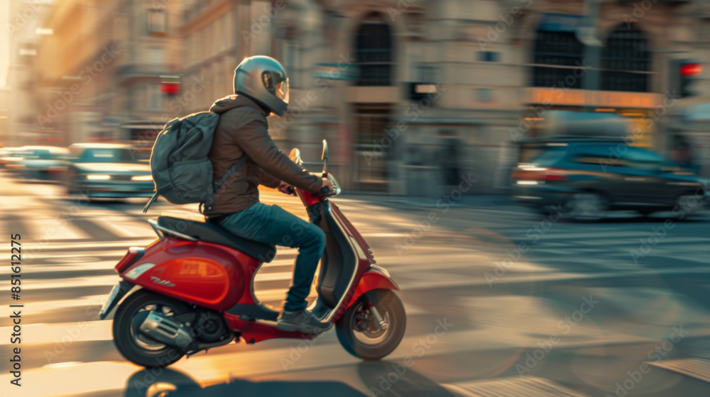 A motorcyclist rides a red scooter through a bustling city intersection, bathed in the warm glow of the setting sun, reflecting a sense of adventure and urban life. A motorcyclist rides a red scooter through a bustling city intersection, bathed in the warm glow of the setting sun, reflecting a sense of adventure and urban life.