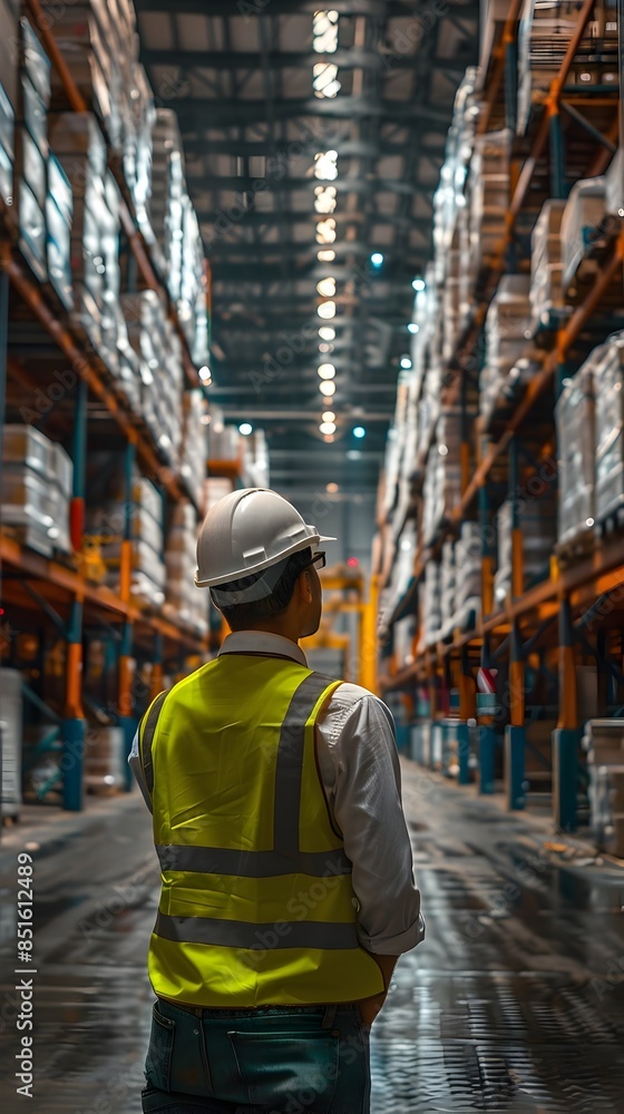 Obraz premium Warehouse Logistics Manager Overseeing Global Shipping and Distribution in Commercial Industrial Storage Facility