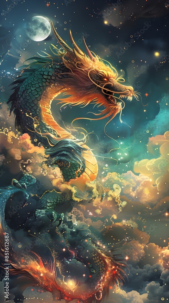 Majestic Dragon Chasing Luminous Pearl like Moons Across Enchanting Cosmic Skies Majestic Dragon Chasing Luminous Pearl like Moons Across Enchanting Cosmic Skies