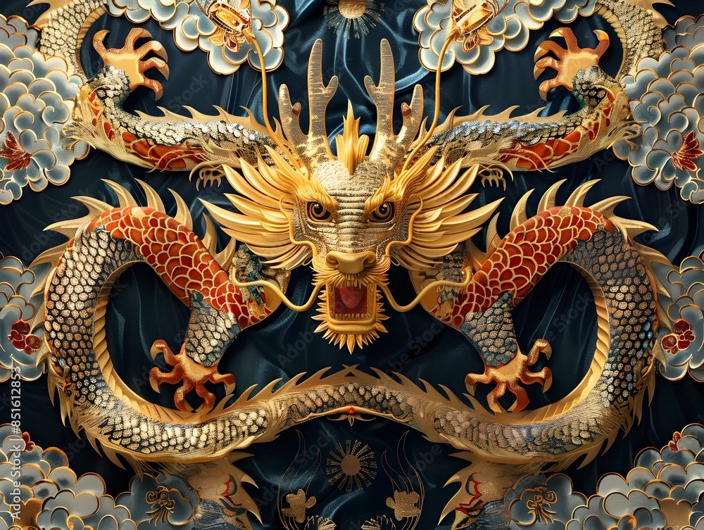 Fototapeta premium Mystical Chinese Dragon Emerging from Ornate Royal Tapestry Backdrop