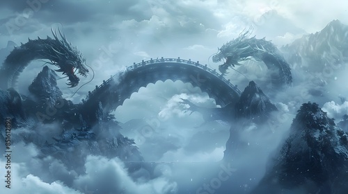 Mythical Dragon s Spine Bridge Spanning Towering Mountain Peaks in Atmospheric Fantasy Landscape