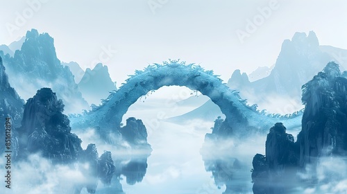Ethereal Dragon s Spine Bridge Spanning Misty Mountain Peaks in Chinese Fantasy Landscape photo