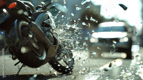 The aftermath of a high-speed motorcycle crash with glass shards suspended in the air and a blurred background, highlighting the violence and suddenness of the impact. photo