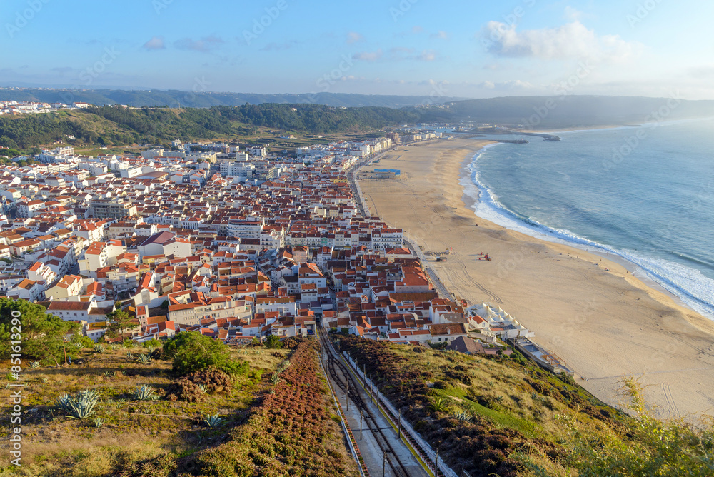 Obraz premium Aerial view of Nazare city and Praia da Nazare Beach, Portugal