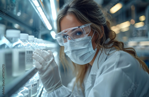 Scientist Examining Samples in Lab. A female scientist wearing a lab coat, goggles, and a face mask examines samples stored in a refrigerator.
