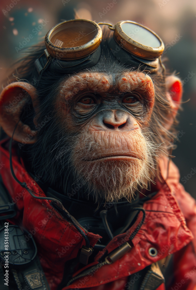 Chimpanzee Wearing Goggles In Red Jacket. A chimpanzee wearing goggles and a red jacket looks intently at the camera. Chimpanzee Wearing Goggles In Red Jacket. A chimpanzee wearing goggles and a red jacket looks intently at the camera.