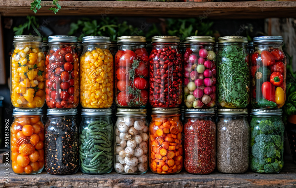 Canned Goods on Wooden Shelf. A variety of canned goods, such as tomatoes, corn, and beans, are neatly arranged on a wooden shelf. Canned Goods on Wooden Shelf. A variety of canned goods, such as tomatoes, corn, and beans, are neatly arranged on a wooden shelf.