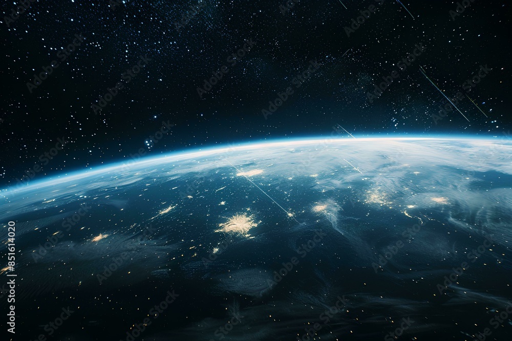 Fototapeta premium View of the Earth from space, starry sky, clouds in the atmosphere