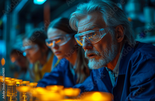 Scientists Working in Laboratory at Night. A group of scientists wearing safety goggles work in a dimly lit laboratory at night. T