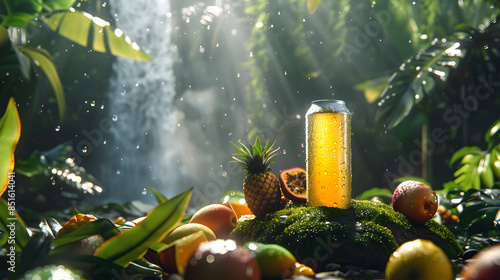 Fototapeta Naklejka Na Ścianę i Meble -  mocap of an iron soda can, tropical forest surrounded by tropical fruits, waterfall background