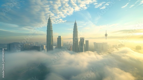 Commercial photohraph, Capture a real photography scene of KLCC Tower during the morning, viewed from a distance. Choose a simple landscape with white clouds against a clear blue sky.generative ai photo