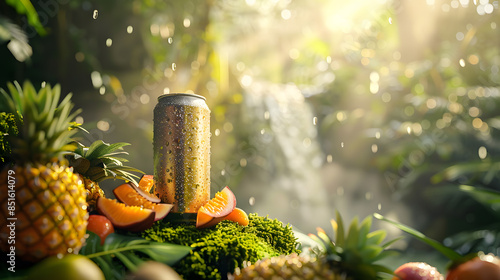 mocap of an iron soda can, tropical forest surrounded by tropical fruits, waterfall background