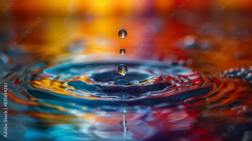 A vivid close-up of water droplets suspended in mid-air above a colorful, ripple-effect water surface A vivid close-up of water droplets suspended in mid-air above a colorful, ripple-effect water surface