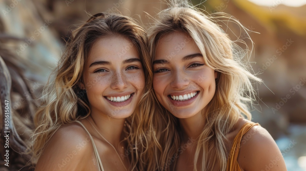 Cheerful twin sisters with glowing smiles enjoying a sunny beach day together Cheerful twin sisters with glowing smiles enjoying a sunny beach day together