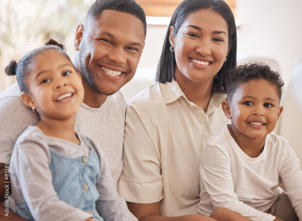 Family, happy and portrait in living room for love, smile and connection or security in home for bonding. Parents, children and relax on couch for happiness, embrace or together for support with kids Family, happy and portrait in living room for love, smile and connection or security in home for bonding. Parents, children and relax on couch for happiness, embrace or together for support with kids