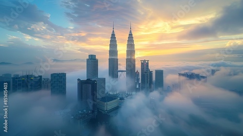 Commercial photohraph, Capture a real photography scene of KLCC Tower during the morning, viewed from a distance. Choose a simple landscape with white clouds against a clear blue sky.generative ai