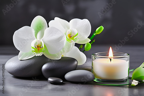 Zen stones, candles and a white orchid flower on a green and gray background with the concept of massage, spa and body care