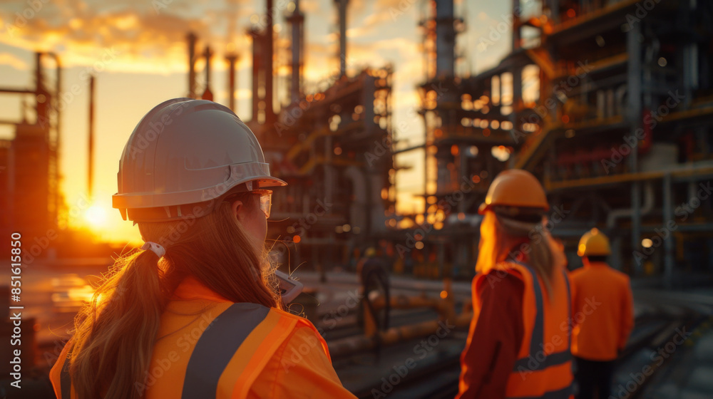 Group of industrial workers observing machinery at a plant during sunset, emphasizing safety and teamwork. Group of industrial workers observing machinery at a plant during sunset, emphasizing safety and teamwork.