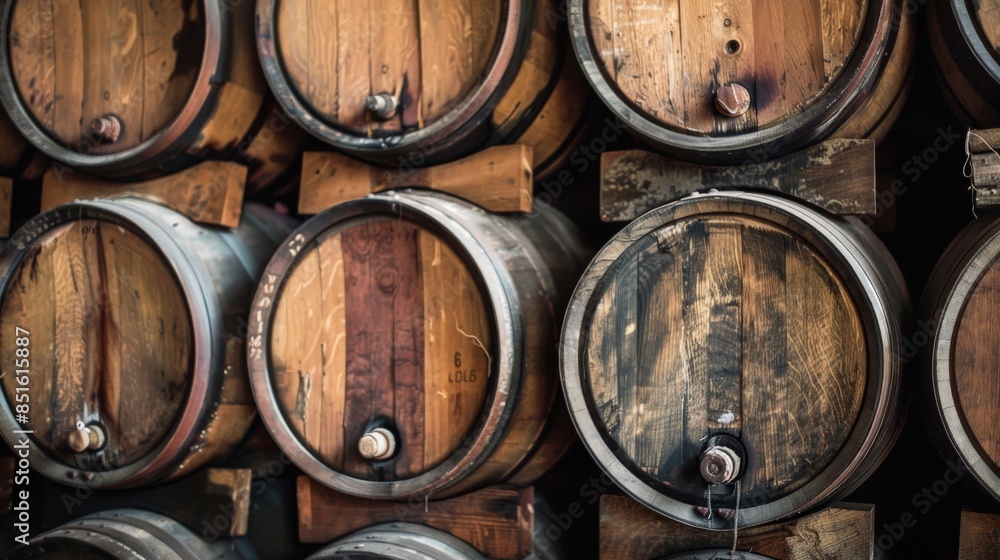 Rows of aged wooden wine barrels creating a rustic backdrop Rows of aged wooden wine barrels creating a rustic backdrop