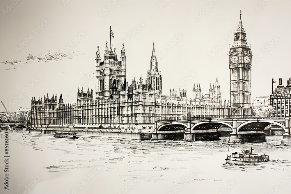 Obraz premium Hand Drawn London Scene. Generated image. A digital illustration of a hand drawn scene from London, England.