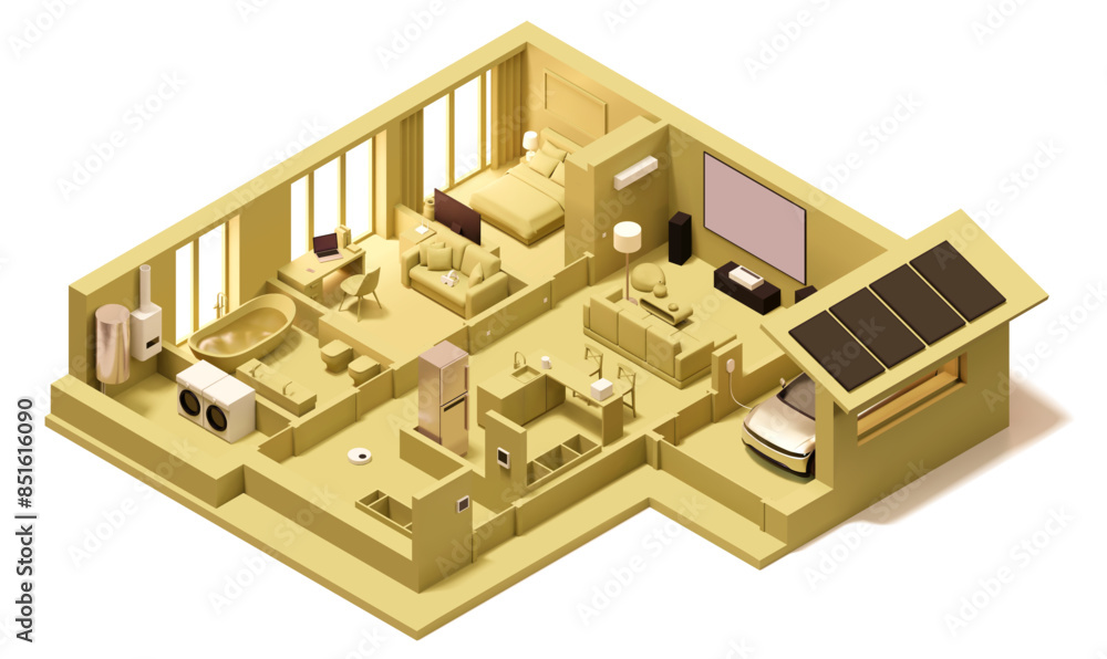 Vector isometric house cross-section illustration. Modern smart home plan. Modern technologies. Garage with electric vehicle, kitchen, living room, bedroom and bath. Solar panels on the roof, electron