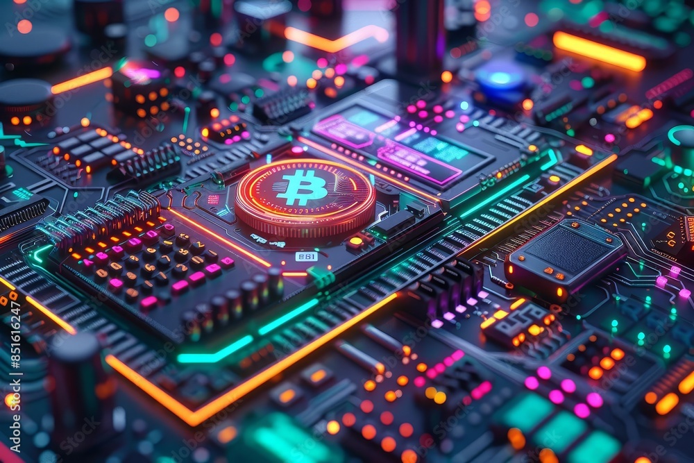 Digital components forming crypto trading platform, holographic displays, industrial background, vibrant colors, futuristic, art Digital components forming crypto trading platform, holographic displays, industrial background, vibrant colors, futuristic, art
