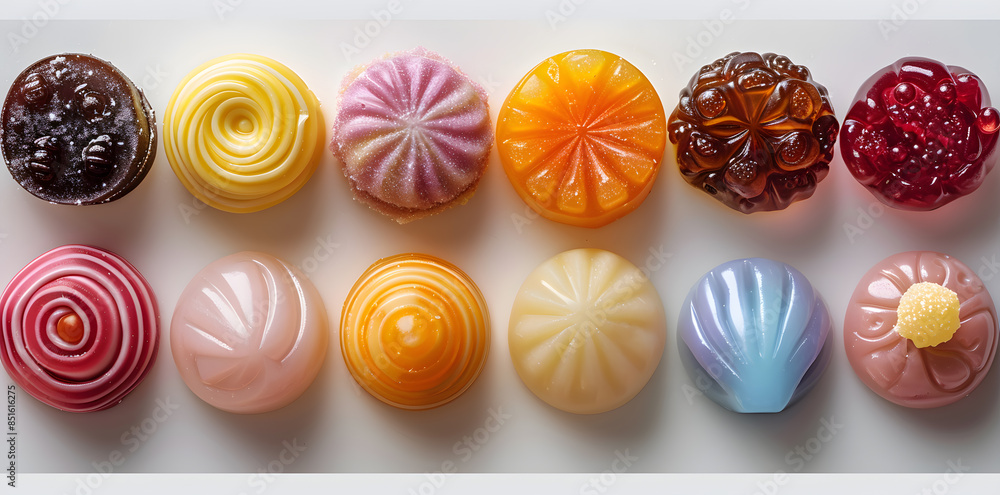 Collection of soft colorful candies, top view isolated on a white background Collection of soft colorful candies, top view isolated on a white background