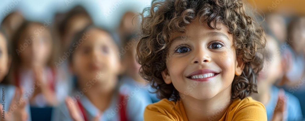 Child participating in a school assembly for the first time, Realism, Soft Colors, Digital Art, Engaged and happy Child participating in a school assembly for the first time, Realism, Soft Colors, Digital Art, Engaged and happy
