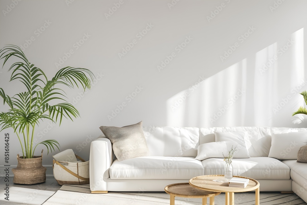 Interior Living Room, Empty Wall Mockup In White Room With White Sofa And Green Plants, 3d Render Real Room Template Interior Living Room, Empty Wall Mockup In White Room With White Sofa And Green Plants, 3d Render Real Room Template
