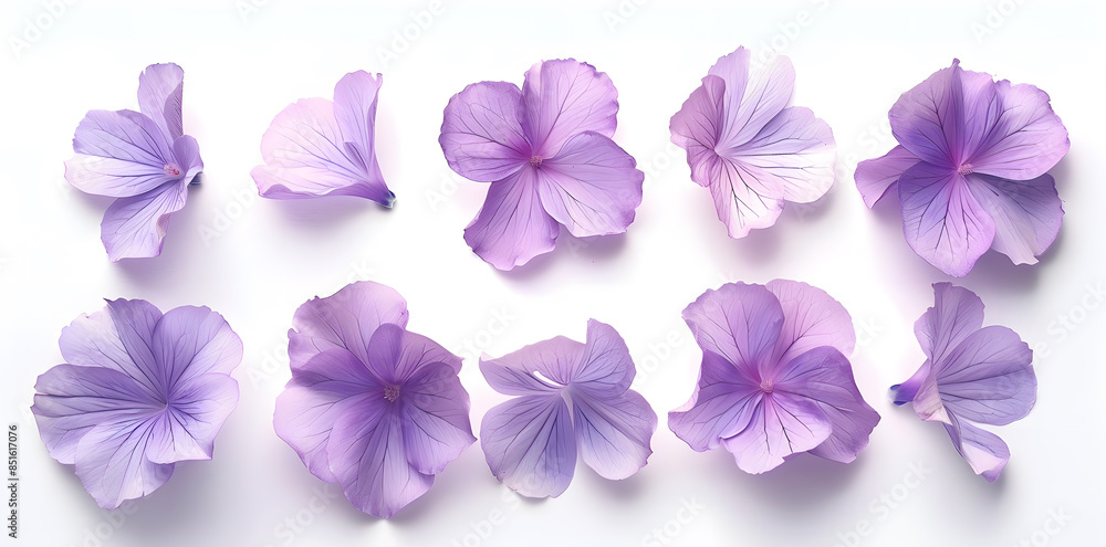Fototapeta premium Collection of soft purple flower petals isolated on a white background