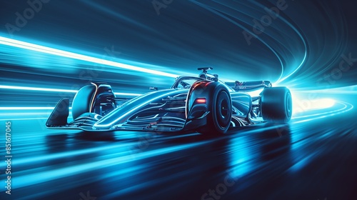 A sleek, futuristic race car speeds through a neon-lit track, leaving a trail of blue light. The dynamic motion and glowing lines emphasize speed and technology.