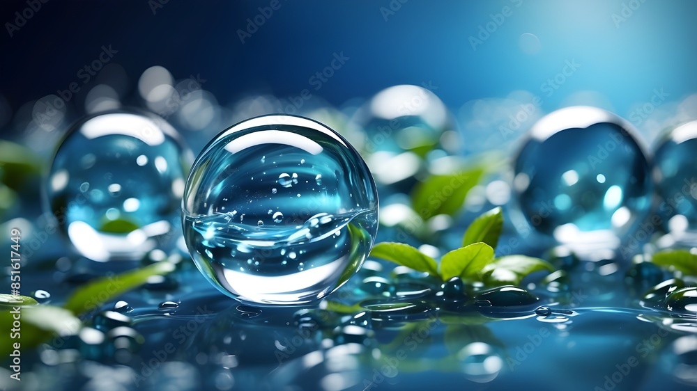 Concept of clean energy, water, or environment with abstract glass molecules floating on a blue fluid background with selectable focus Concept of clean energy, water, or environment with abstract glass molecules floating on a blue fluid background with selectable focus