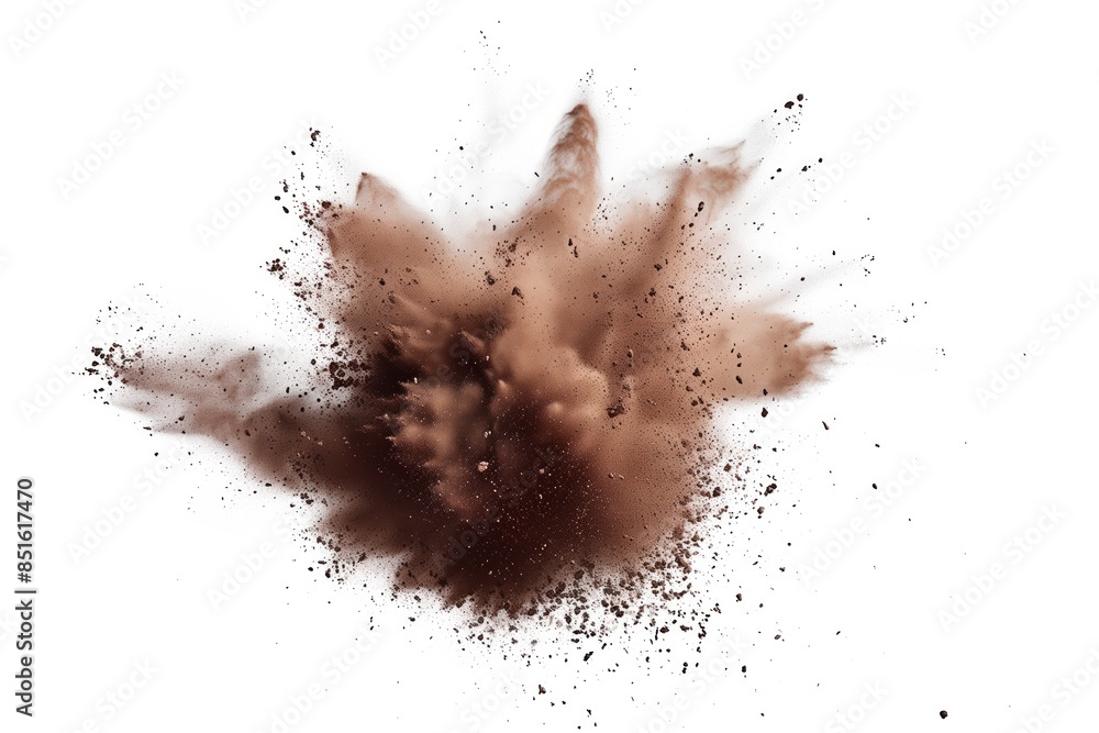 Brown dust explosion on a white background. Abstract and dynamic composition with particles. Brown dust explosion on a white background. Abstract and dynamic composition with particles.