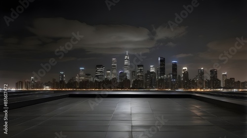 Foreground: nighttime metropolitan skyline; background: dark concrete floor photo