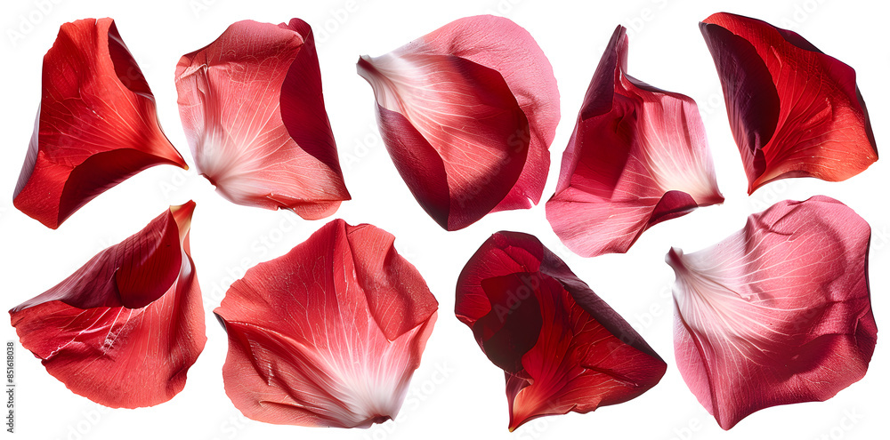 Fototapeta premium Collection of soft red flower petals isolated on a white background