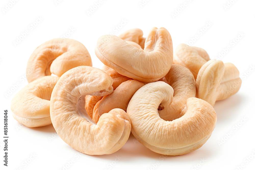 Close-up of shelled and unshelled Cashew nuts isolated on a white background, showcasing their texture Close-up of shelled and unshelled Cashew nuts isolated on a white background, showcasing their texture