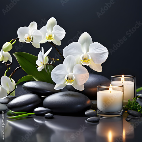 Zen stones, candles and a white orchid flower on a green and gray background with the concept of massage, spa and body care