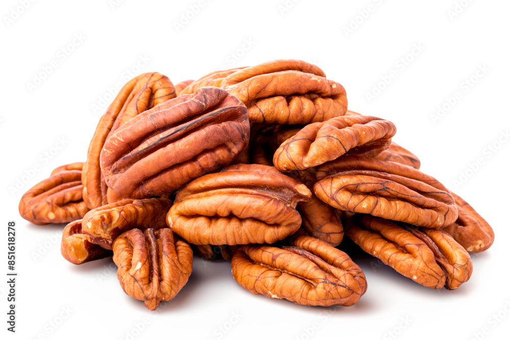 Close-up of shelled and unshelled Pecan nuts isolated on a white background, showcasing their texture Close-up of shelled and unshelled Pecan nuts isolated on a white background, showcasing their texture