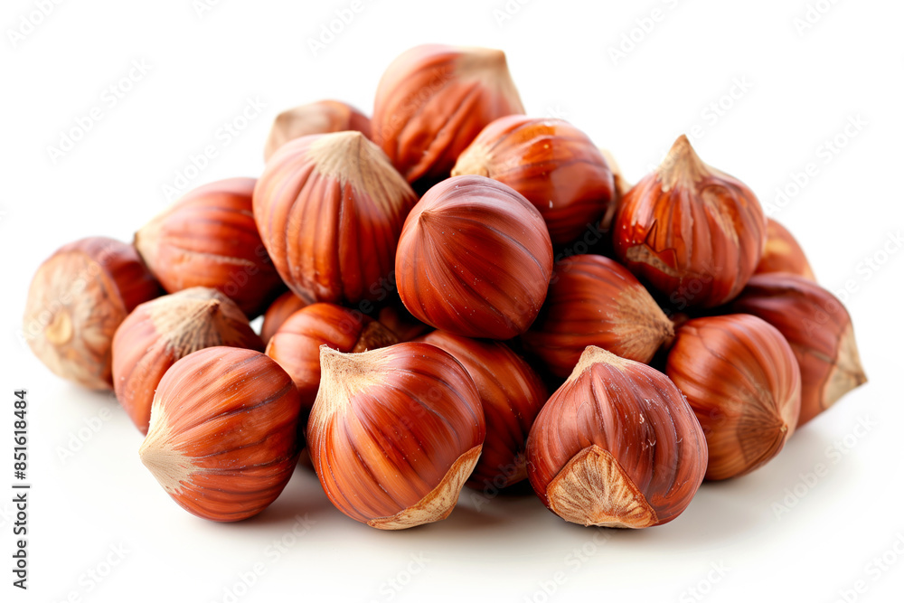Close-up of shelled and unshelled Hazelnut nuts isolated on a white background, showcasing their texture Close-up of shelled and unshelled Hazelnut nuts isolated on a white background, showcasing their texture