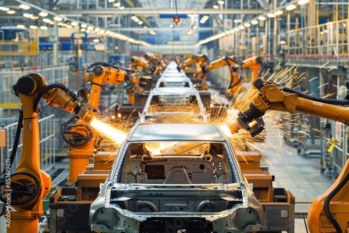 Busy factory with a arm robot and equipment for assemble ev cars