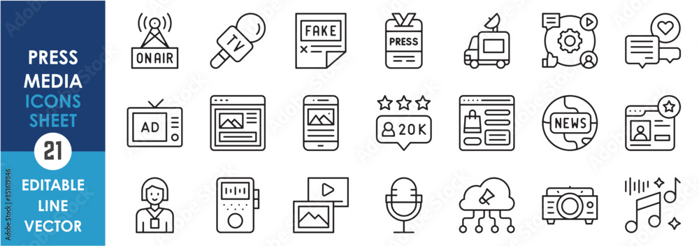 A set of line icons related to press and media. News, media, press, video, audio, projection, live, internet, fake news and so on. Vector outline icons set. A set of line icons related to press and media. News, media, press, video, audio, projection, live, internet, fake news and so on. Vector outline icons set.