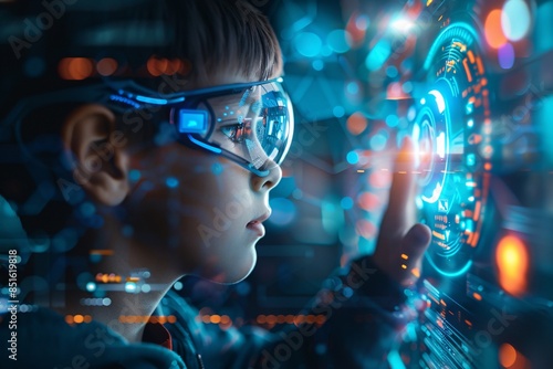 Wallpaper Mural science technology concept Education new technology. children use futuristic processor for augmented reality High technology and communication concept Torontodigital.ca