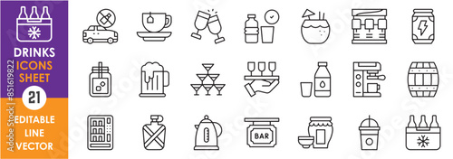 A set of line icons related to drinks. Drinks, wine, coffee, cold drinks, energy drinks, barrel, bar, water, milk and so on. Vector outline icons set.