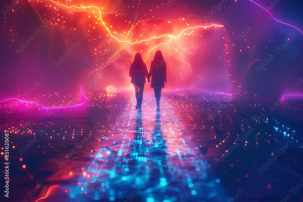 Friends reuniting on a path of floating lights, front view, experiencing a fantastical and surreal reunion, cybernetic tone, Analogous Color Scheme Friends reuniting on a path of floating lights, front view, experiencing a fantastical and surreal reunion, cybernetic tone, Analogous Color Scheme